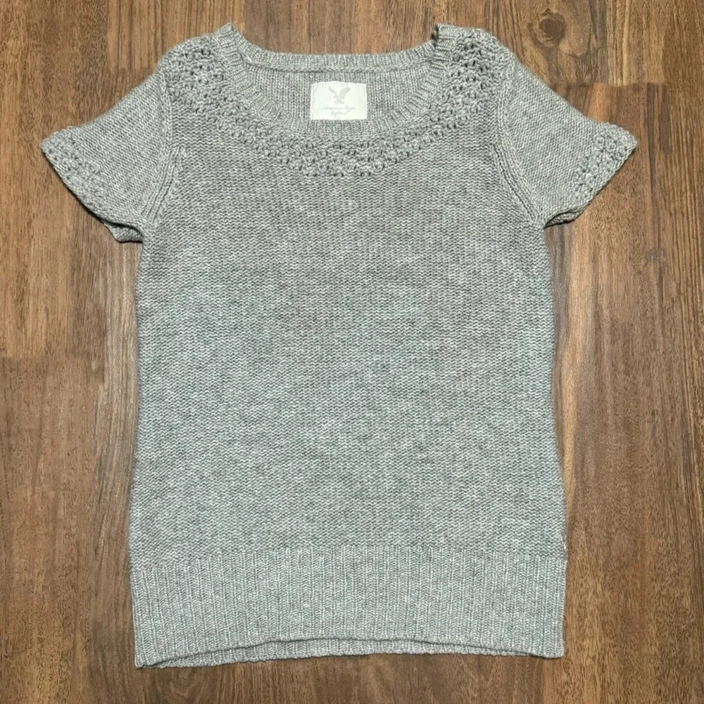 AMERICAN EAGLE Gray Solid Short Sleeve Sweater Wool Blend Round Neck Size Large